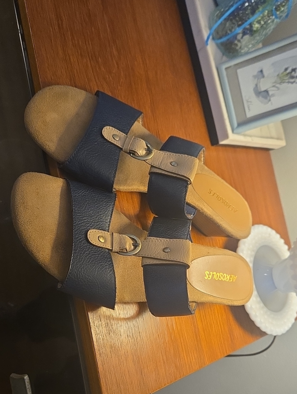 AEROSOLES Navy and Tan Buckle Slide Sandals Size 9 1/2